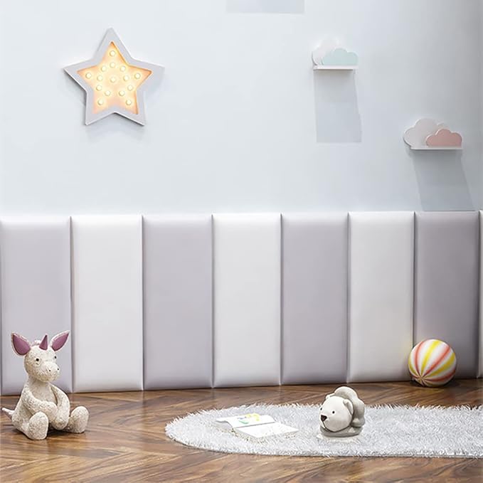 3D Anti-Collision Wall Padding for Kids, Peel and Stick Upholstered Wall Panels, Queen Headboard, Playroom Decorative Protection Panel, Pack of 2 Panels Sized 23.6” X 11.8” (Light Grey)
