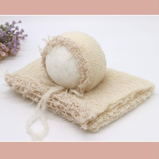 Newborn Infant Baby Boys Girls Photography Props Mohair Hat Wrap Blanket Cloth Set (Creamy-White)