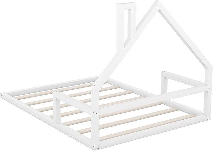 Harper & Bright Designs Full Size Floor House Bed, Montessori Floor Bed for Kids, Solid Wood Low Bed Frame for Bedroom, Playroom, Wooden Slats Support, White