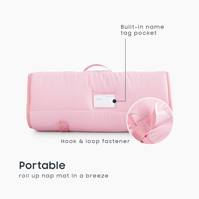Wake In Cloud - Toddler Nap Mat with Pillow and Blanket, for Kids Boys Girls in Kindergarten Daycare Preschool Pre K, Roll Up Sleeping Bag, Solid Color, Pink, Standard