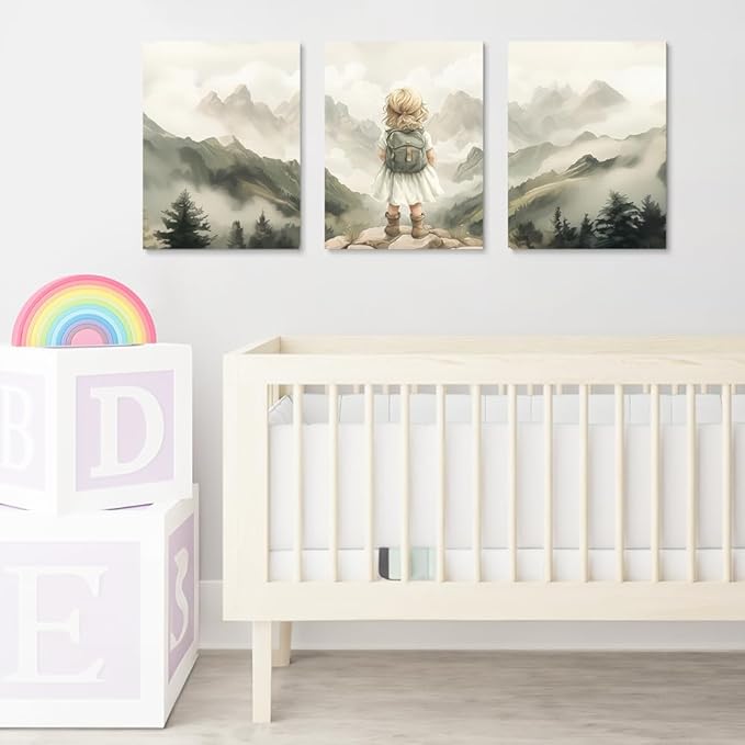 3-Piece Adventure Girl Nursery Wall Art, Mountain & Woodland Forest Nursery Decor for Toddler Room, Adventure Nursery Wall Decor for Kids Baby Girl's Room, Framed Canvas Set, 16"x24"