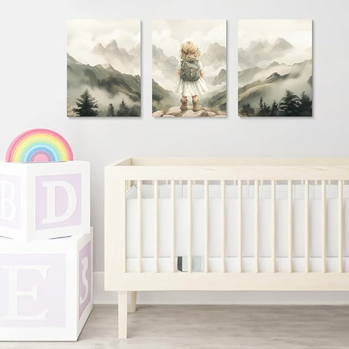 3-Piece Adventure Girl Nursery Wall Art, Mountain & Woodland Forest Nursery Decor for Toddler Room, Adventure Nursery Wall Decor for Kids Baby Girl's Room, Framed Canvas Set, 16"x24"