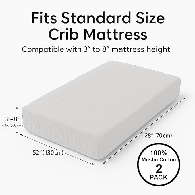 White Muslin Crib Sheets Set of 2, 52x28 Crib Mattress Sheets Soft Muslin Cotton, Fits Standard Rectangular & Oval Mattress, Neutral Nursery Bedding, No Shrinking, Fitted Crib Sheet