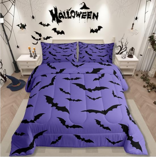 Erosebridal Purple Halloween Bedding Set Spooky Bats Comforter Set Queen,Horror Halloween Decorations Quilt for Kids Boys Girls Adults Gothic Flying Bat Silhouette Duvet Insert,Goth Bedroom Decor