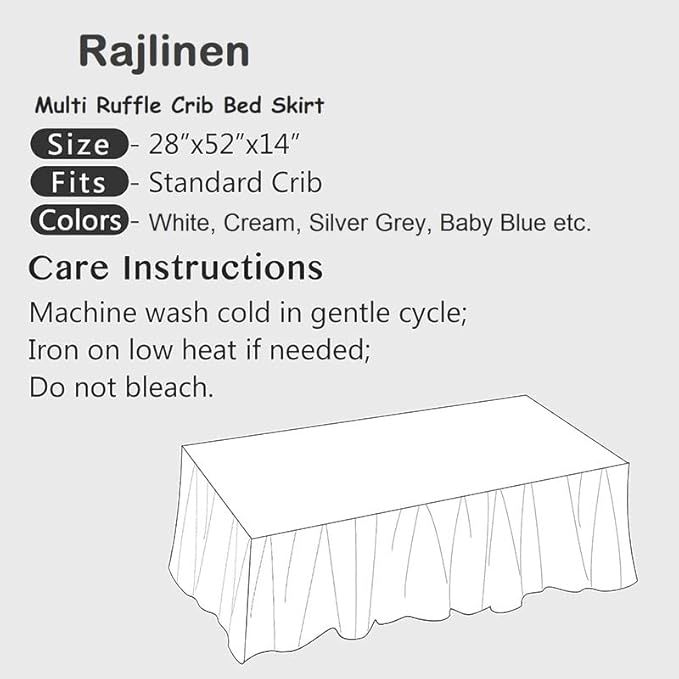 Rajlinen Ruffled Crib Bed Skirt, Microfiber, Dust Ruffle with Split Corners, 14" Drop, Nursery Toddler Bedding for Baby Boys or Girls, Light Blue