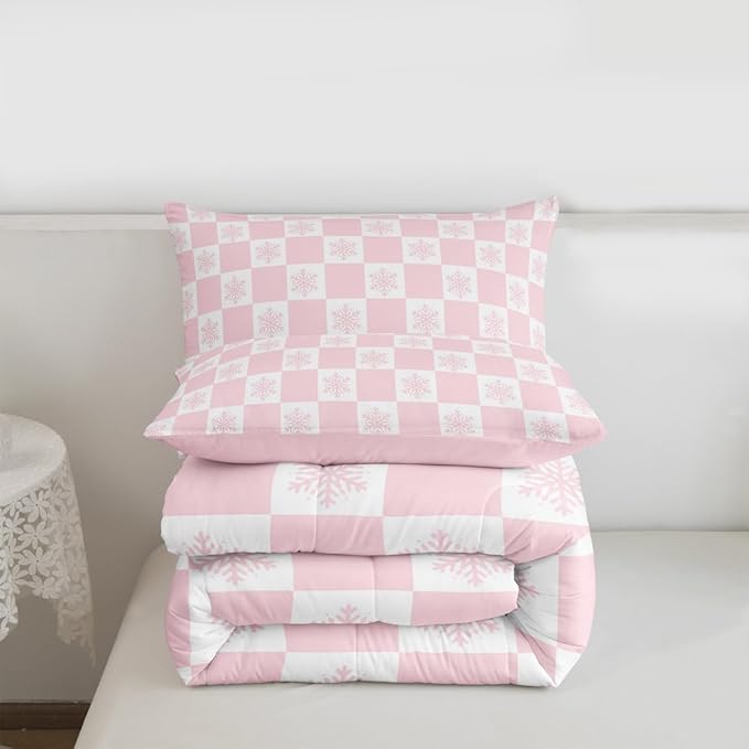 Feelyou Christmas Kids Comforter Set King Size Checkered Bedding Set Snowflake Duvet Quilt for Kids Boys Girls Bedroom Xmas Decorations Decor Pink Microfiber Ultra Soft Breathable