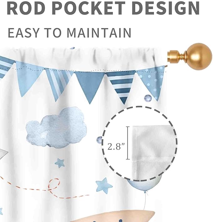Cartoon Bear Curtains, Kids Boys Girls Cute Lovely Bear Adventure Airplane Cloud Pastel Blue Window Drapery Treatments for Baby Living Room Bedroom Nursey Toddler Classroom 2 Panels, 52"x84" Inch