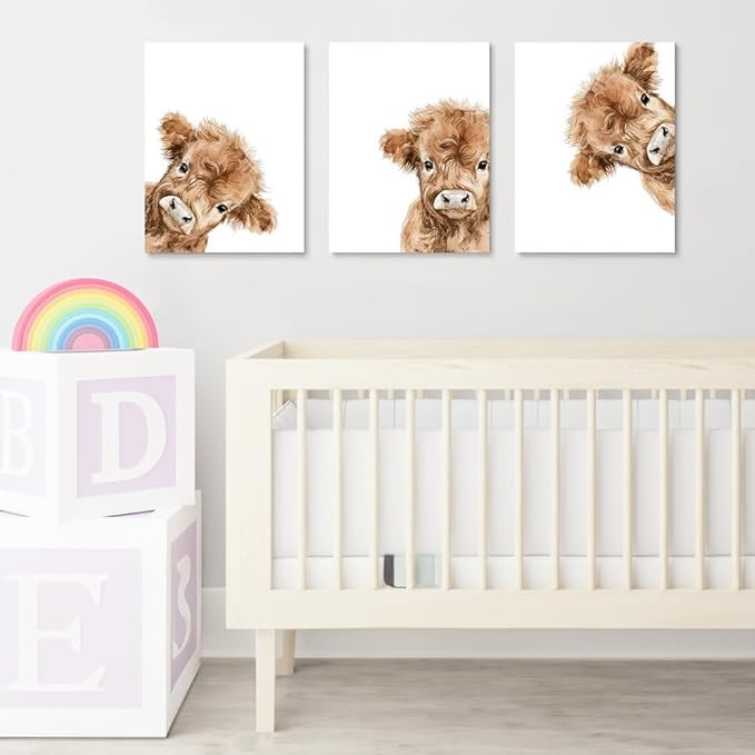 Peeking Cow Nursery Wall Art, Cute Highland Cow Print, 3 Piece Watercolor Baby Animal Nursery Wall Decor, Farmhouse Picture for Baby Boy Girl Room Decor, Framed Canvas Set, 16"x24"x3