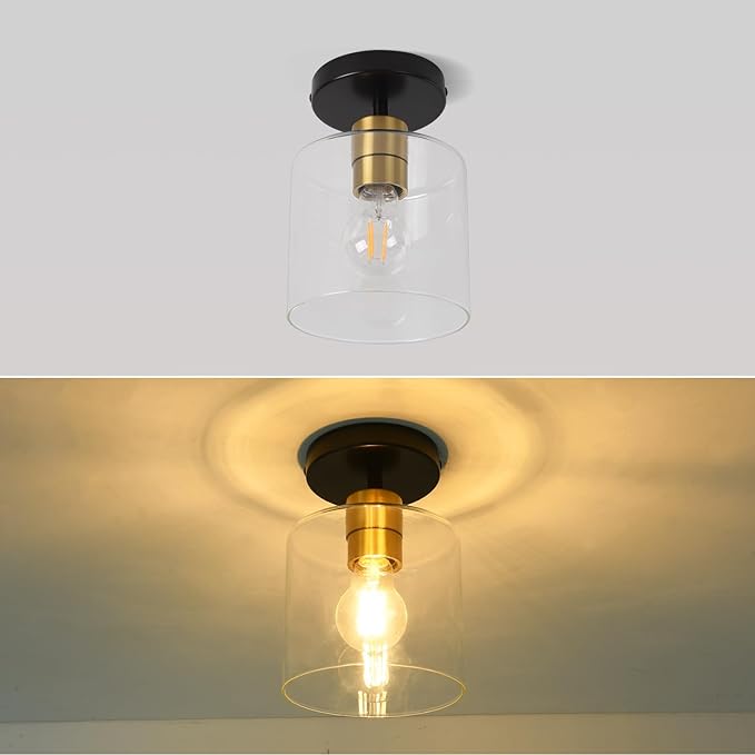 Black Brass Semi Flush Mount Ceiling Light,Modern Farmhouse Ceiling Light Fixture for Closet Entryway,Hallway Light Fixture 5.9in Clear Glass Shade 2 Pack
