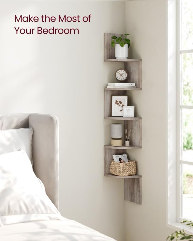 VASAGLE Corner Shelf Wall Mount, 5-Tier Floating Corner Bookshelf, Plant Shelf for Bedroom, Living Room, Bathroom, Home Office, Heather Greige