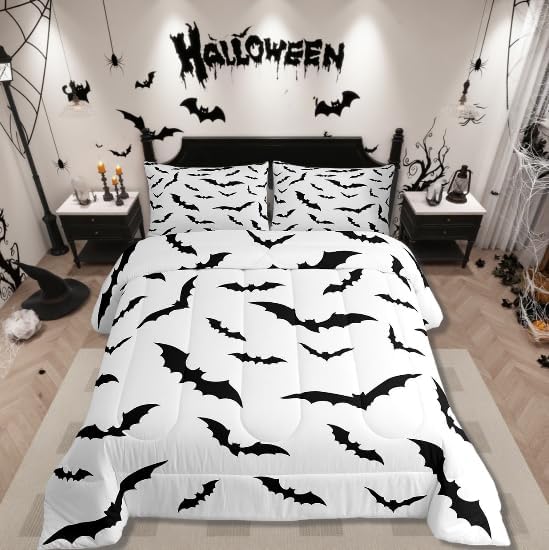 Erosebridal Halloween Bats Bedding Set White Black Spooky Comforter Set Toddler Size,Horror Flying Bats Quilt for Kids Boys Girls Adults Gothic Mysterious Wild Animal Duvet Insert,Spooky Home Decor