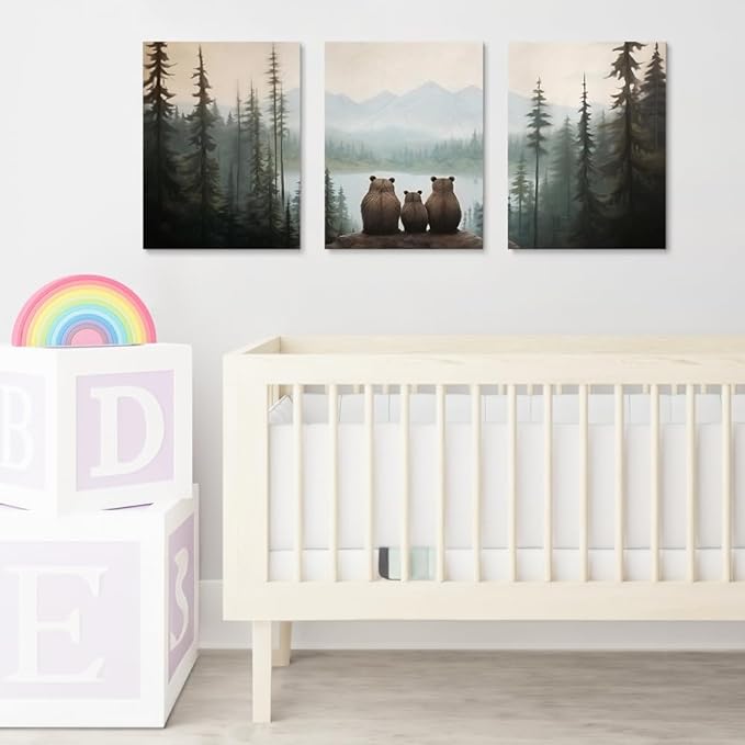 Set of 3 Bear Family Nursery Canvas Wall Art, Forest Animal Nursery Print, Woodland Nursery Wall Decor, Landscape Toddler Room Decor for Boy's Bedroom, Baby Girl's Nursery Decor, Framed 12"x16"x3