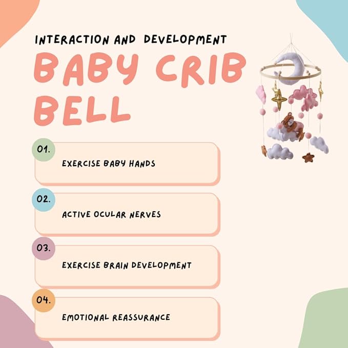 Moon Baby Crib Mobile Baby Nursery Decoration Wooden Crib Hanging Decor Bear Theme Pink Clouds Newborn Soothing Mobile Baby Shower Gift for Boys and Girls Easy to Install and Durable (Bear)