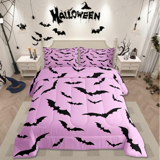 Erosebridal Gothic Bat Comforter Set Halloween Theme Bedding Set King Size,Horror Spooky Animal Quilt for Kids Boys Girls Adults Black Bats Silhouette Down Comforter,Pink Goth Room Decor