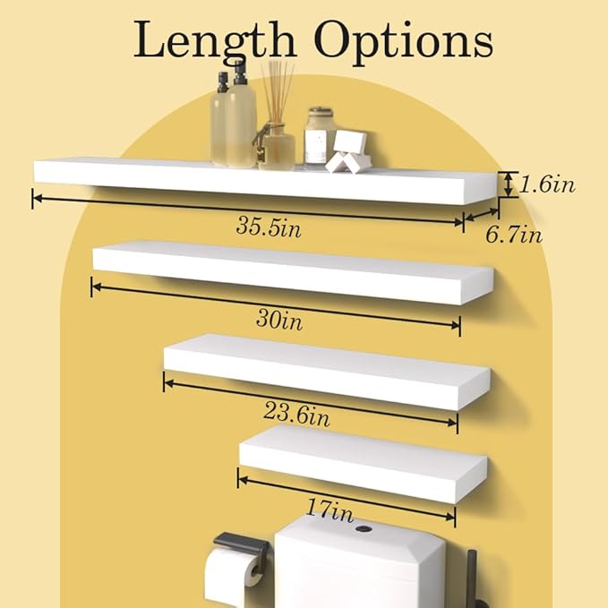 Habudda Floating Shelves for Wall, 35.5 Inch Long Natural Wood Shelf, White Rustic Decor for Bathroom Kitchen Bedroom, Hanging Mounted Invisible Bracket, Set of 2