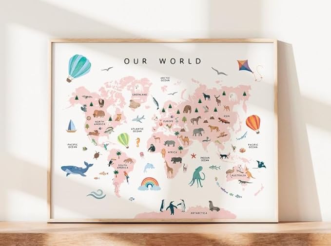 OZCONO World Map Learning Poster, Colorful Animal Chart Kids, Preschool Wall Decor Art, Homeschool Education Guide (Unframed) (11x14)