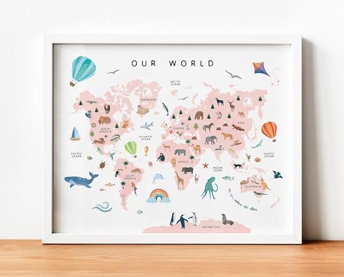 OZCONO World Map Learning Poster, Colorful Animal Chart Kids, Preschool Wall Decor Art, Homeschool Education Guide (Unframed) (9x11)