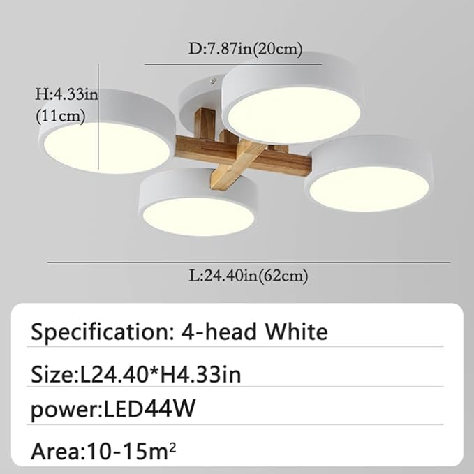 LED Flush Mount Ceiling Light Fixture with 3000K/4000K/6000K Temperatures Selectable,24Inch 44W Chandelier Modern Wood Ceiling Lamp for Bedroom Kitchen, 4-Lights Indoor Lighting White Pendant Light
