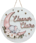 Personalized Wooden Name Signs for Nursery, Moon Elephant Sign for Baby Door Decor, Newborn Gifts for Girl, Girls Nursery Wall Bedroom Decorations, Mother's Day Gifts for New Mom Dad Gift