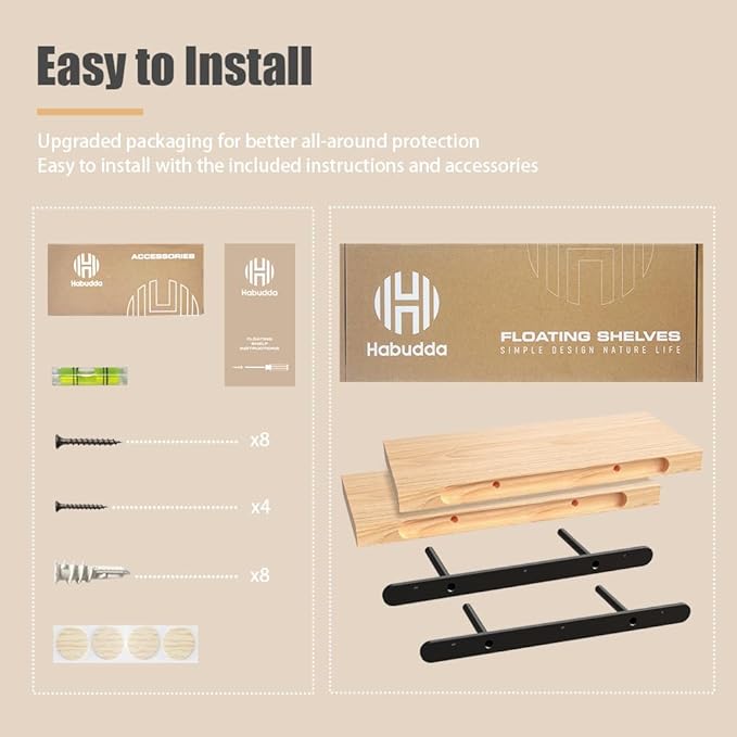 Habudda Floating Shelves for Wall, Natural Wood Shelf Decor for Bathroom Kitchen Bedroom, Hanging Mounted Invisible Bracket, Small 17 inch, Rustic Burlywood