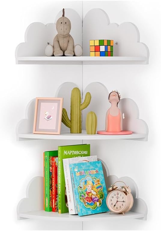 Cloud Wall Shelf Set of 3 Corner Hanging Shelf Nursery Book Shelf, Scalloped Design, Safe and Non-Toxic Sheet Wall-Mounted Background for Kids Bedroom, Toddler Room, Baby Room Decor