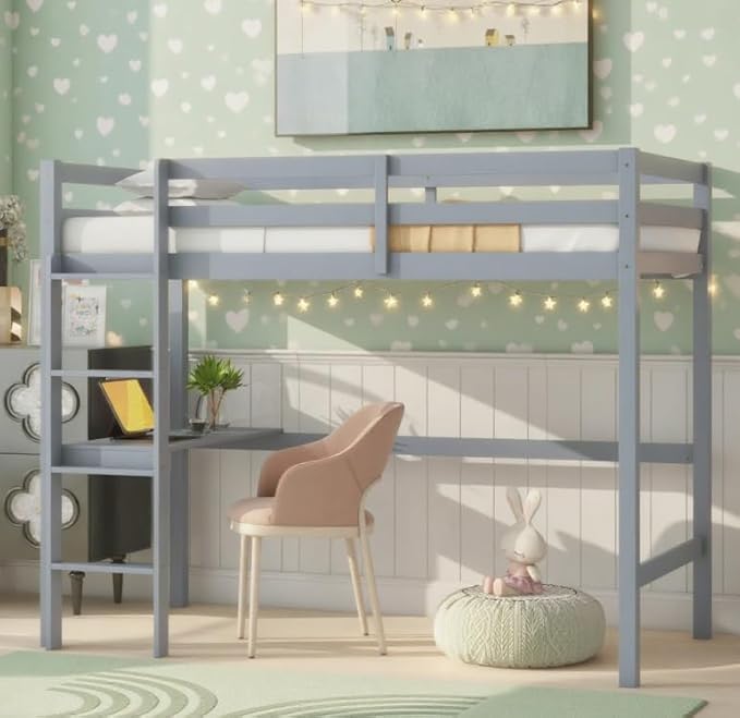 Bellemave Twin Loft Bed with Desk,Loft Bed for Kids, Boys, Girls,Wooden Loft Be Frame with Desk and Ladder, Gray