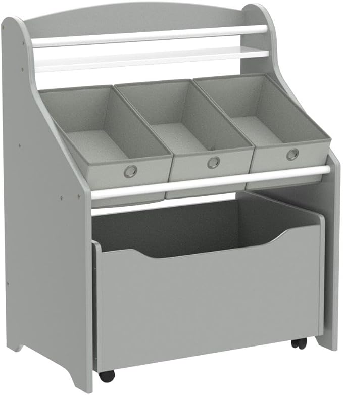 Humble Crew 3-in-1 Kids Bookshelf and Toy Storage Organizer, Grey - Toddler Organizers with Rolling Toy Box and 3 Fabric Bins – Sturdy Baby Book Shelf, Perfect for Nursery and Playroom