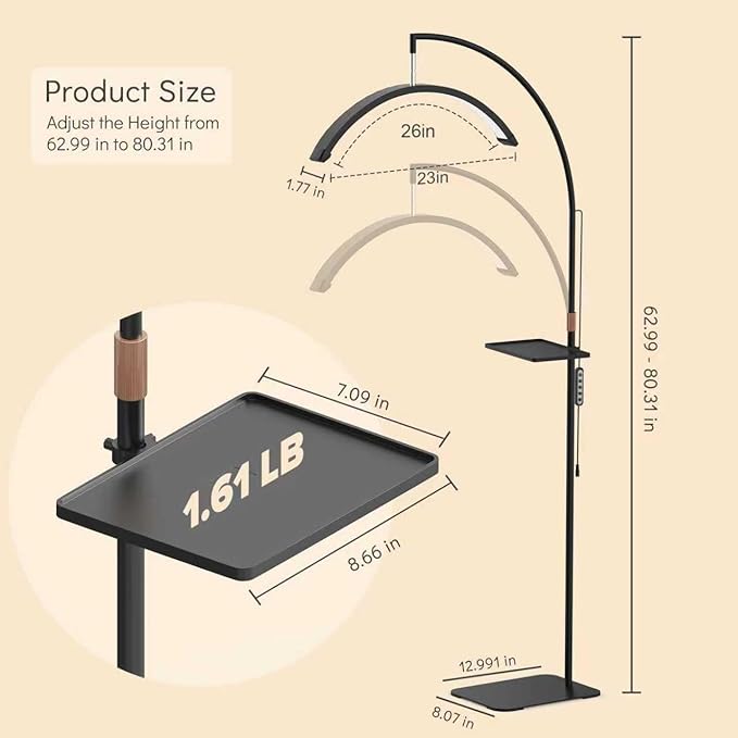 Lash Light 23 inch Floor Lamp for Eyelash Extensions Standing LED Half Moon Lights for Nail Art, Tattoos, Skincare with Adjustable Brightness & Height & Movable Tray & Phone Holder.