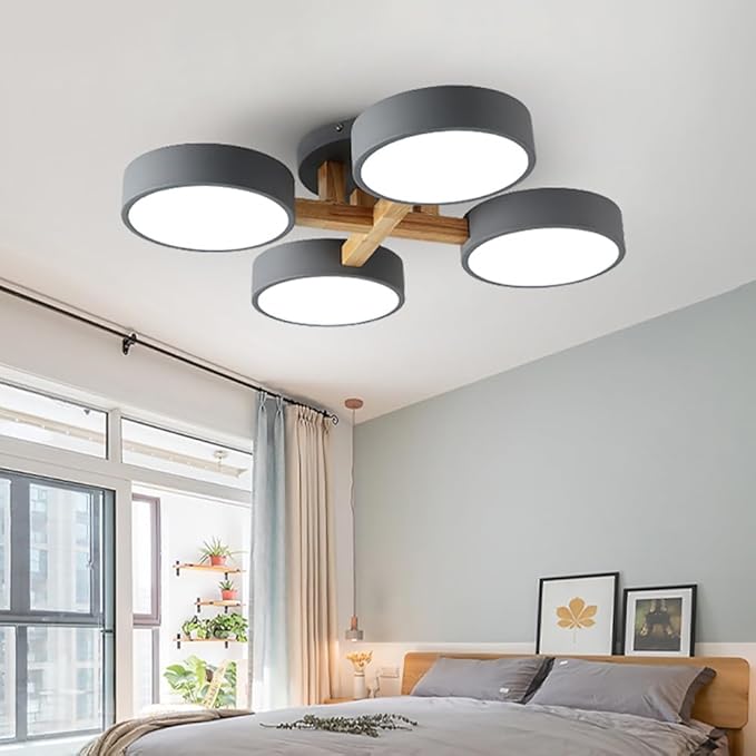 LED Flush Mount Ceiling Light Fixture with 3000K/4000K/6000K Temperatures Selectable,24Inch 44W Chandelier Modern Wood Ceiling Lamp for Bedroom Kitchen, 4-Lights Indoor Lighting Grey Pendant Light