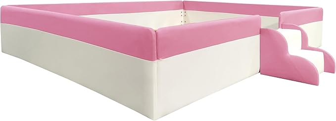 Merax Upholstered Kids' Daybed, Daybed Frame with Fence and Stairs, No Box Spring Needed, Queen Size, Pink+White
