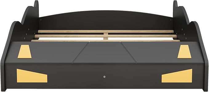 Full Size Car Bed with Storage, Race Car Shaped Bed with Wheels, Wood Car Floor Bed Frame for Teens, Wooden Slats Support, Easy Assembly, Black and Yellow