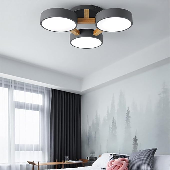 LED Flush Mount Ceiling Light Fixture with 3000K/4000K/6000K Temperatures Selectable,21Inch 33W Chandelier Modern Wood Ceiling Lamp for Bedroom Kitchen, 3-Lights Indoor Lighting Grey Pendant Light