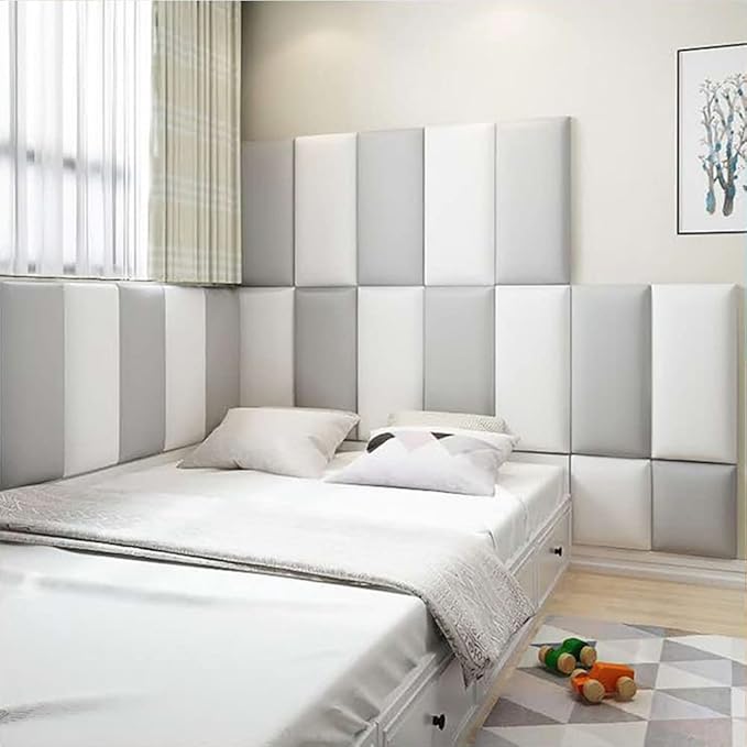 3D Anti-Collision Wall Padding for Kids, Peel and Stick Upholstered Wall Panels, Queen Headboard, Playroom Decorative Protection Panel, Pack of 2 Panels Sized 23.6” X 11.8” (Light Grey)