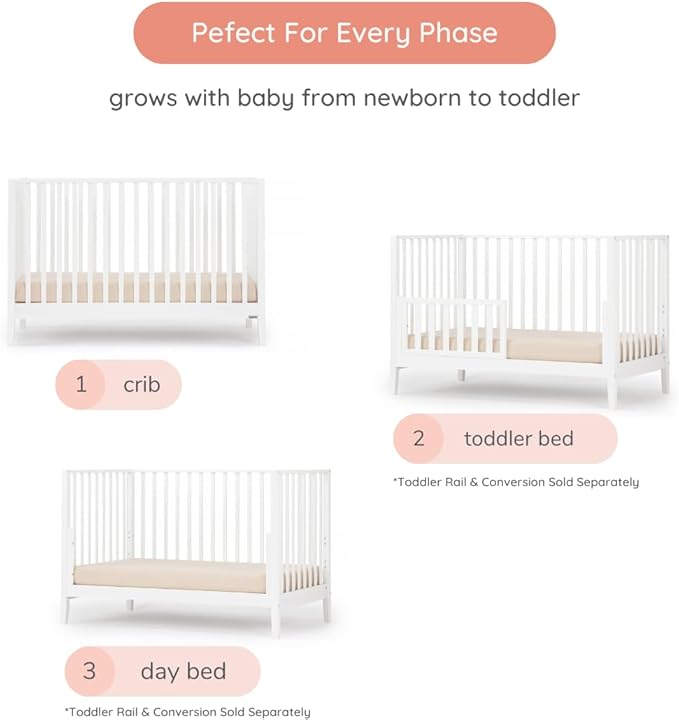 dadada Baby LaLa 3 in 1 Convertible Crib- Converts to Toddler Bed & Daybed- Adjustable Mattress Height – 3 Positions - Made in Italy - Solid Beechwood (White)