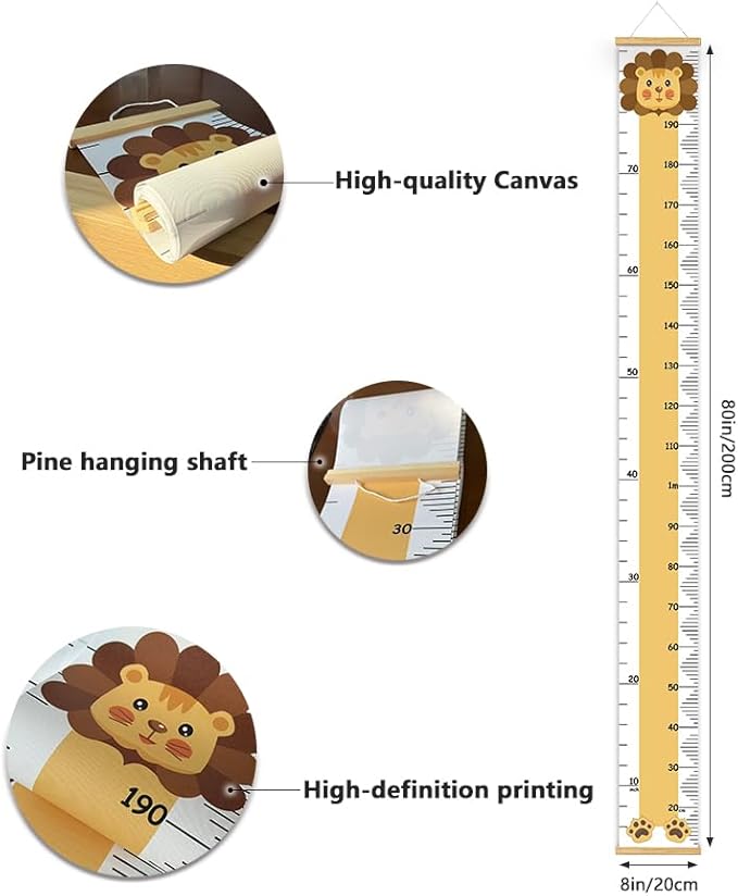 Kids Height Growth Chart for Toddlers & Babies - Removable Canvas Wall Ruler, Baby Height Measurement Tool, Nursery/Playroom Decor Hanging Art (Lion, 78" L x 8" W, Framed)