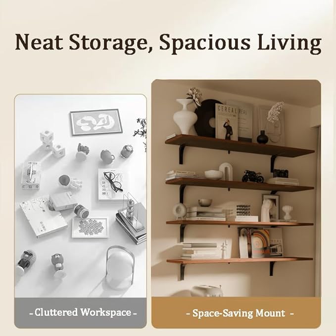 12x48 Inch Rustic Wood Floating Shelves 4-Pack - Farmhouse Brown Wall Shelves with 100 lbs Capacity, Easy Installation for Living Room, Kitchen, Bathroom (Brown, 4T48IN)