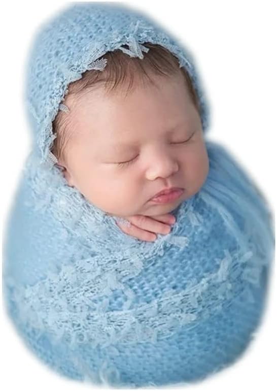 Vemonllas Newborn Infant Baby Boys Girls Photography Props Mohair Lace Hat and Wrap Blanket Cloth (Light Blue)