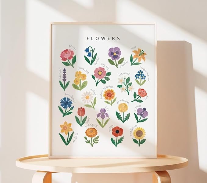 OZCONO Flowers Learning Poster, Vibrant Nature Chart Kids, Preschool Wall Decor Art, Homeschool Education Guide (Unframed) (16x24)