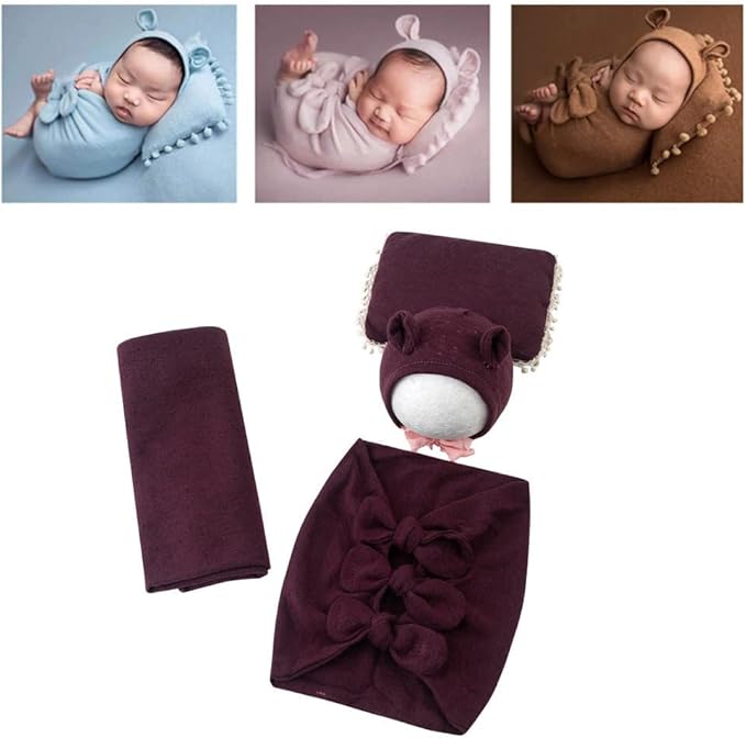 Vemonllas Newborn Baby Boy Girl Photography Props Bow Wrap, Posing Aid, Hat and Blanket Set of 4 Pcs