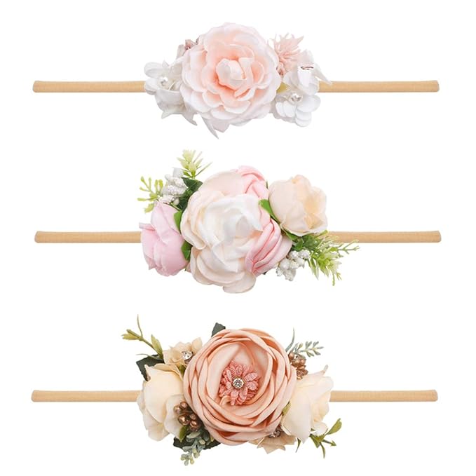 cherrboll 3pcs Baby Girl Flower Headbands, Super Soft & Stretchy Nylon Floral Hairbands for Newborn Toddler