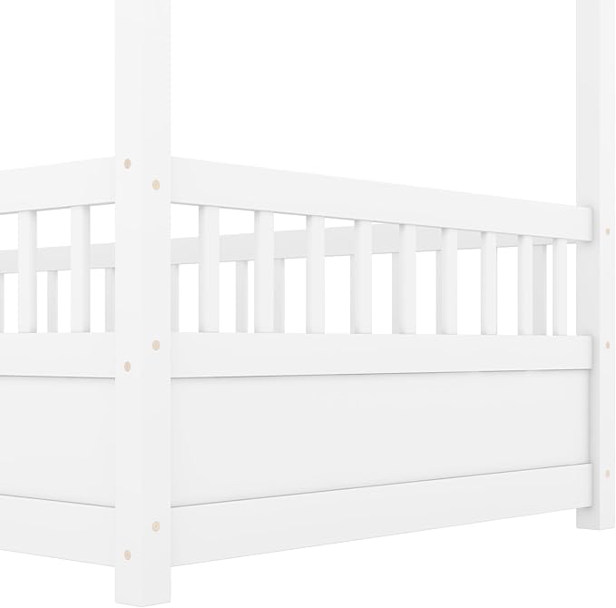 Twin Size House Bed with High Fence for Kids,Twin Floor Bed Frame, Kids Montessori Bed Twin Size,Solid Wood House Bed Frame for Boys,Girls,White