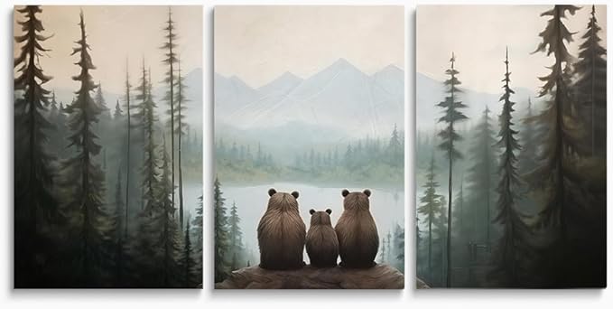 Set of 3 Bear Family Nursery Canvas Wall Art, Forest Animal Nursery Print, Woodland Nursery Wall Decor, Landscape Toddler Room Decor for Boy's Bedroom, Baby Girl's Nursery Decor, Framed 12"x16"x3