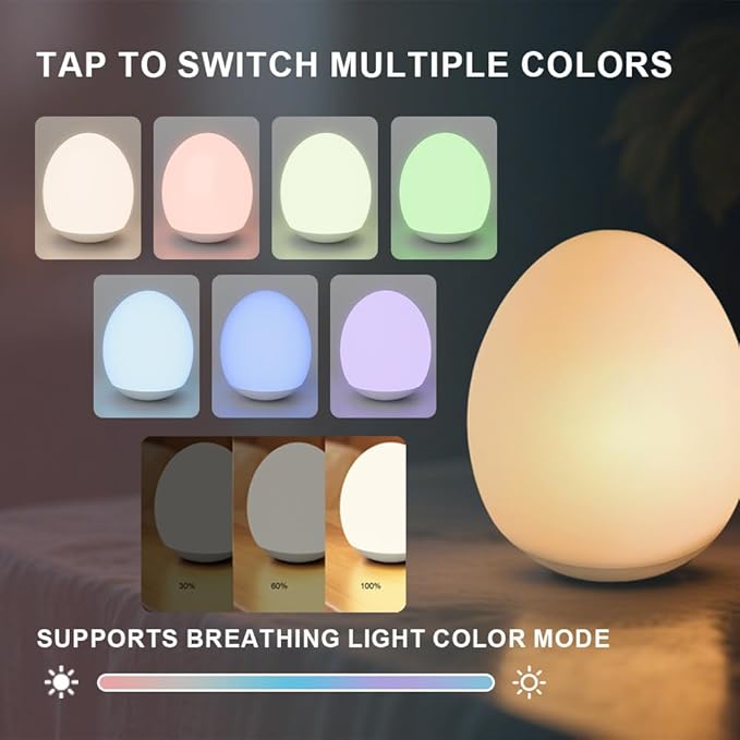 Silicone Baby Night Light 7 RGB Egg Night Light for Nursery, 3-Level Dimming Portable Nursery Night Lamp for Breastfeeding Kids Bedroom Gifts for Newborn Toddler Girls Boys,led christmas lights
