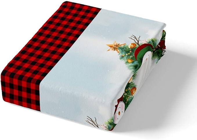 Manfei Red Plaid Duvet Cover Set King Size, Snowman and Xmas Tree Print Bedding Set 3pcs for Kids Boys Girls Bedroom Decor, Christmas Theme Comforter Cover with 2 Pillowcases,No Comforter