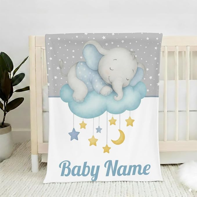 Personalized Baby Blanket for Boys Girls Ultra Soft Cozy Custom Baby Blanket with Name Flannel Elephant Blanket Personalized Gifts for Kids Infant Newborn Baby for Birthday Baby Shower Christmas