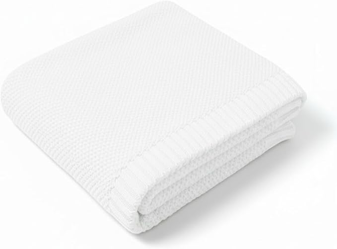 Baby Knit Blanket Soft Cotton Lightweight Newborn Blanket for Crib Stroller Toddler Nursery Shower Gift Cozy Breathable Travel Swaddle Wrap White 36 x 28 Inches