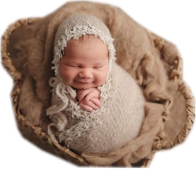 Newborn Infant Baby Boys Girls Photography Props Mohair Hat Wrap Blanket Cloth Set (Creamy-White)