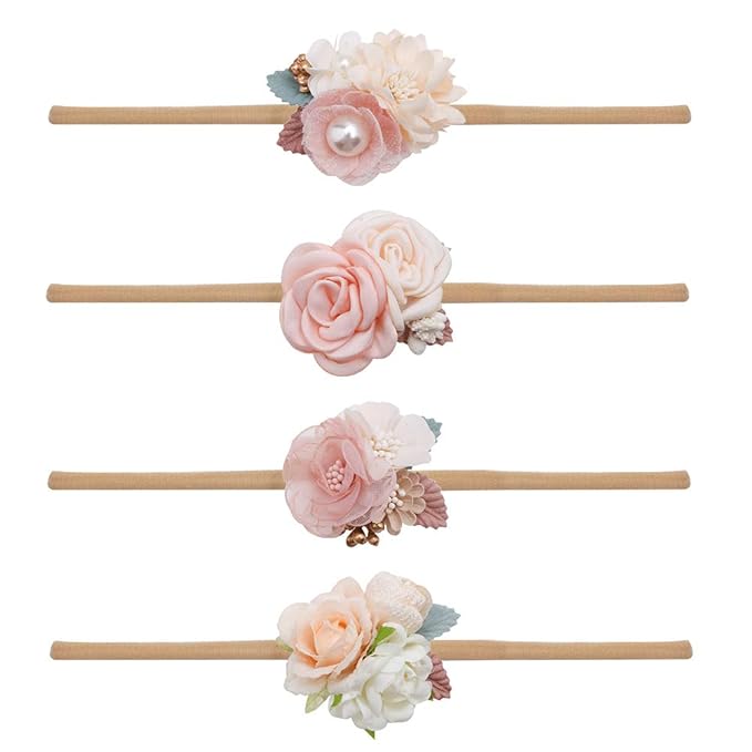 Baby Girl Nylon Headbands Flower Hair Bows Accessories-Elastic Hair Band Crown Handmade FLoral Wraps Birthday Gifts for Girls Newborn Infant Toddler 4Pcs