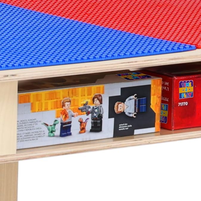 Time-2-Play 30.75" W Rectangular Red & Blue Montessori Lego Compatible Blocks Table with 18" Long Legs, Birch Plywood Activity Play Table for Kids Playroom, Natural Finish