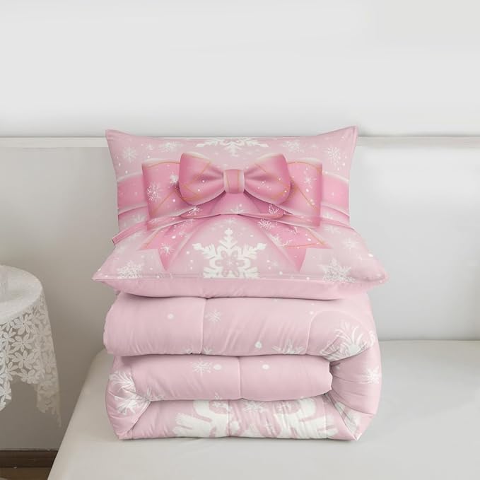 Feelyou Pink Bow Comforter Set All Season Coquette Bow Knot Bedding Set with 1 Pillow Cases Xmas Snowflake Kids Toddler Bedclothes Cute Dreamy Princess Style Decor Christmas Duvet Quilt Soft